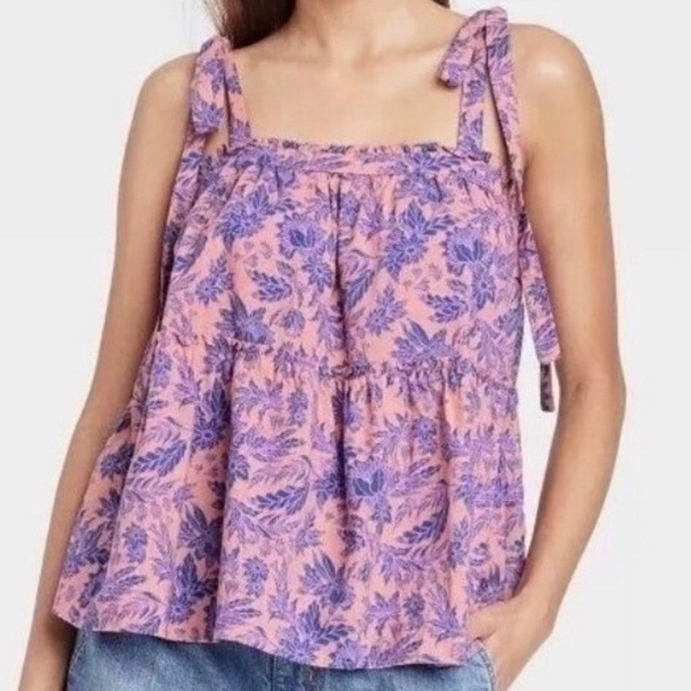 100%‎ Cotton Pink Purple Floral Tie Babydoll Tank Top Womens Medium Cottagecore
